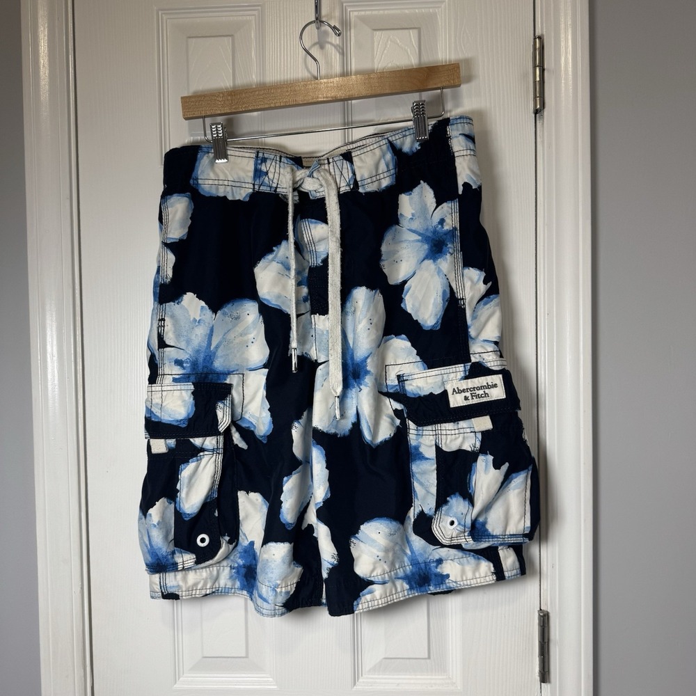 VTG Abercrombie Fitch Swim Trunks Y2K Mens Medium Blue Floral Baggy Shorts